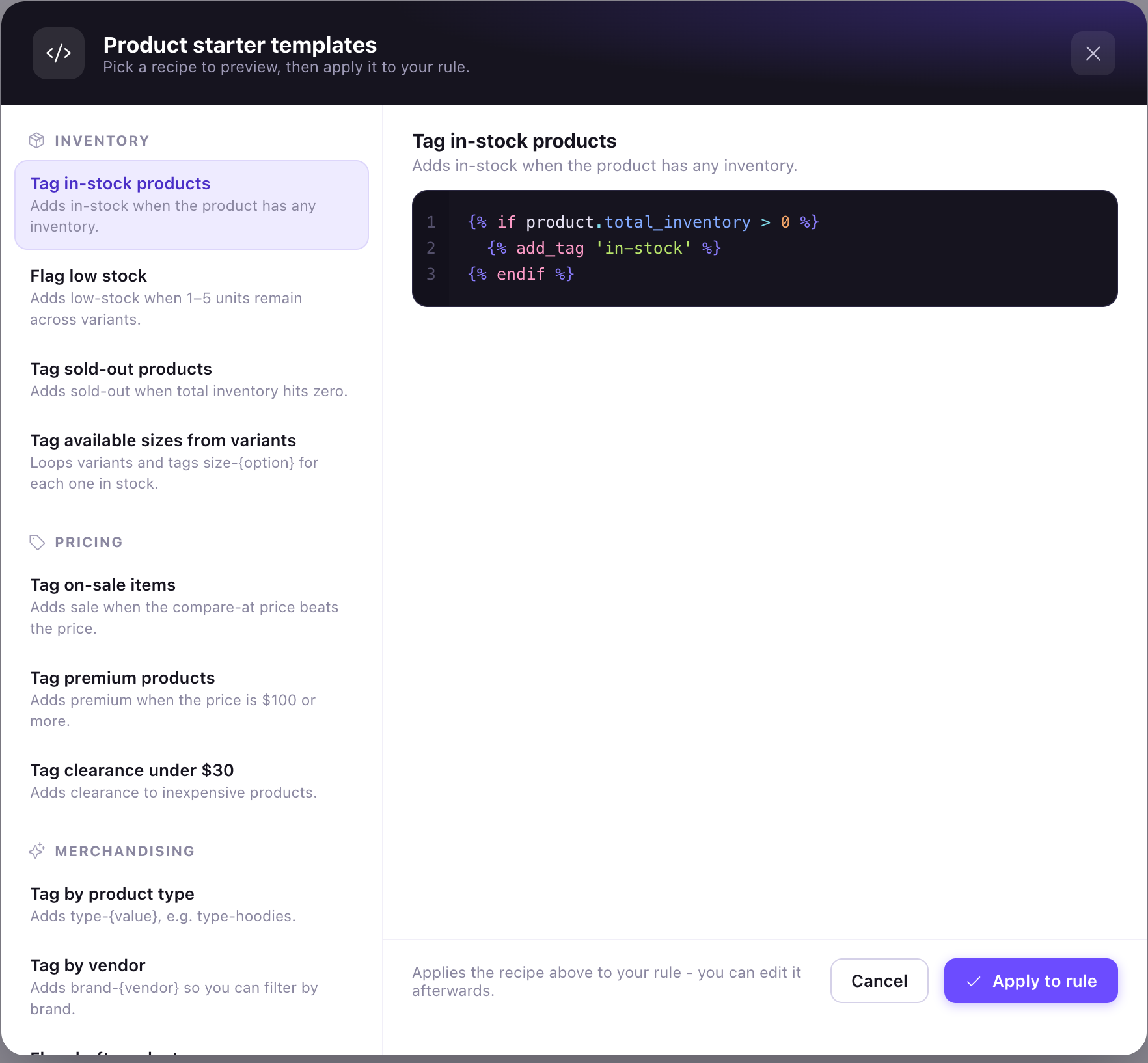 The starter template picker for Liquid mode, previewing highlighted Liquid code